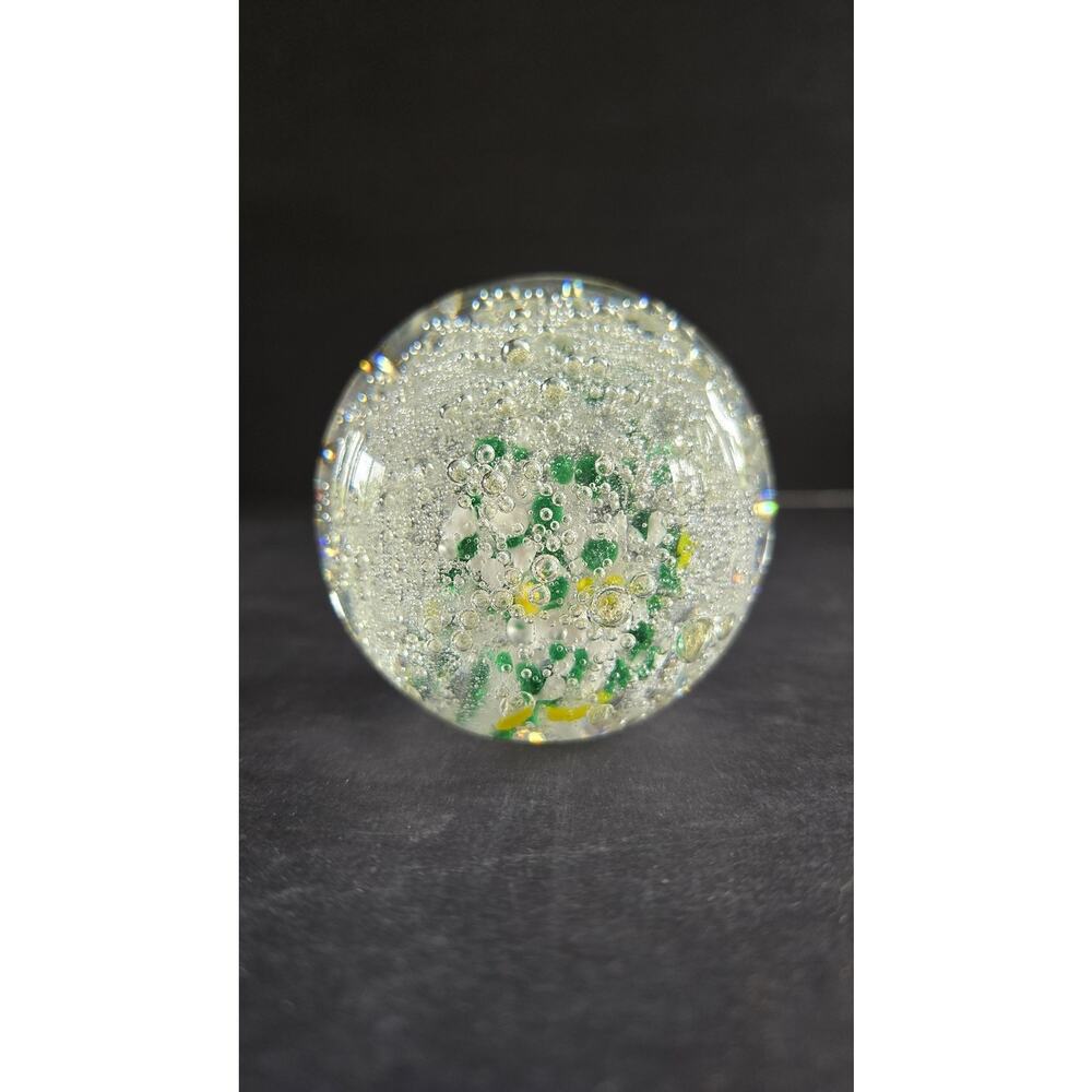 Unmarked Art Glass Paperweight Clear Bubbles Green White Yellow Round Decor